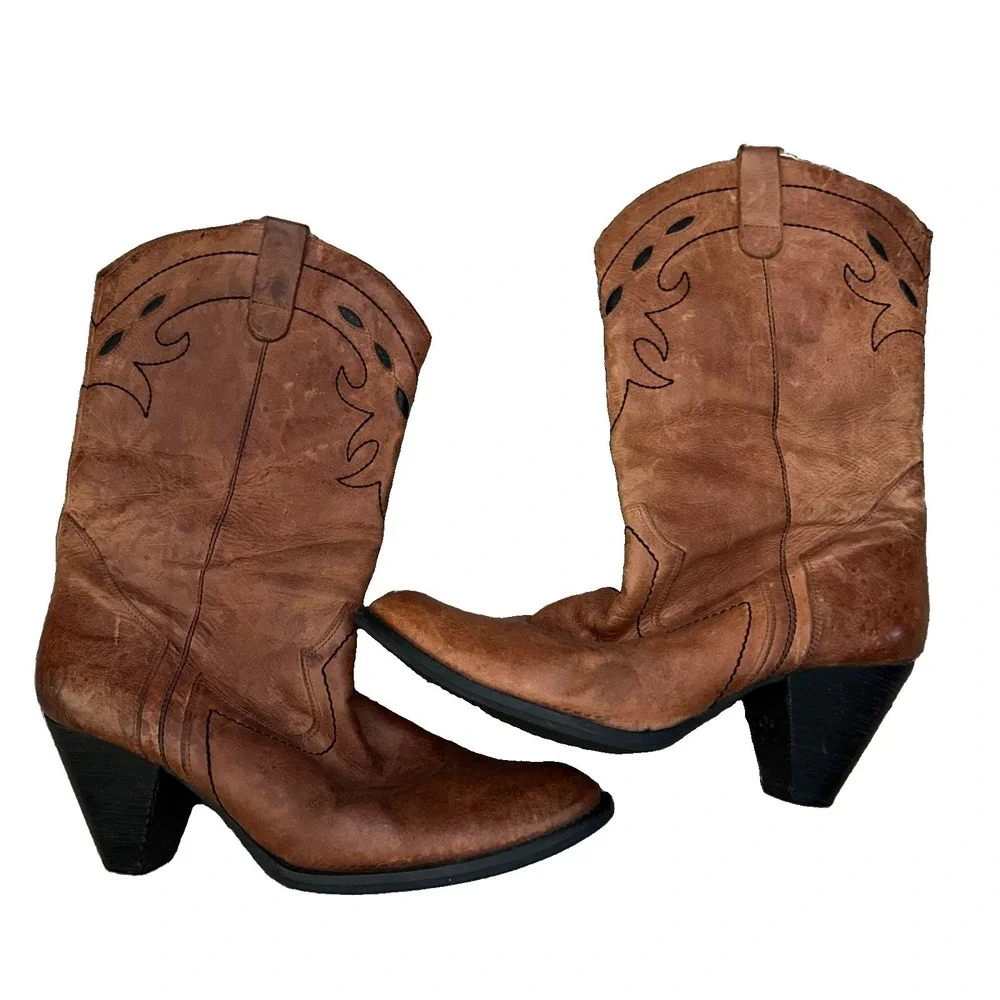 Anthropologie Lucky Penny Tan Leather Western Boots Woman's 8.5  Festival Boho